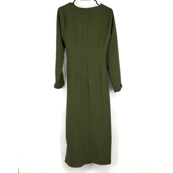 Zara Dress Green Button Front Crepe Long Sleeve Draped Midi - Picture 8 of 11